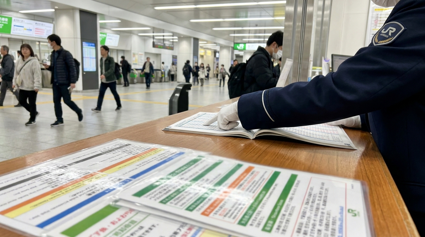JR ticket office counter with multilingual support sheets