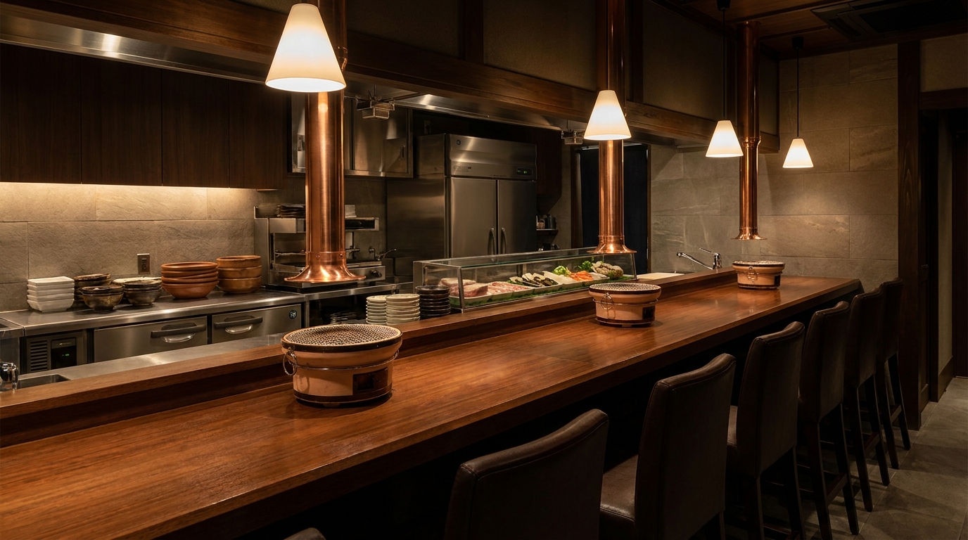 Upscale Japanese yakiniku specialist restaurant counter interior