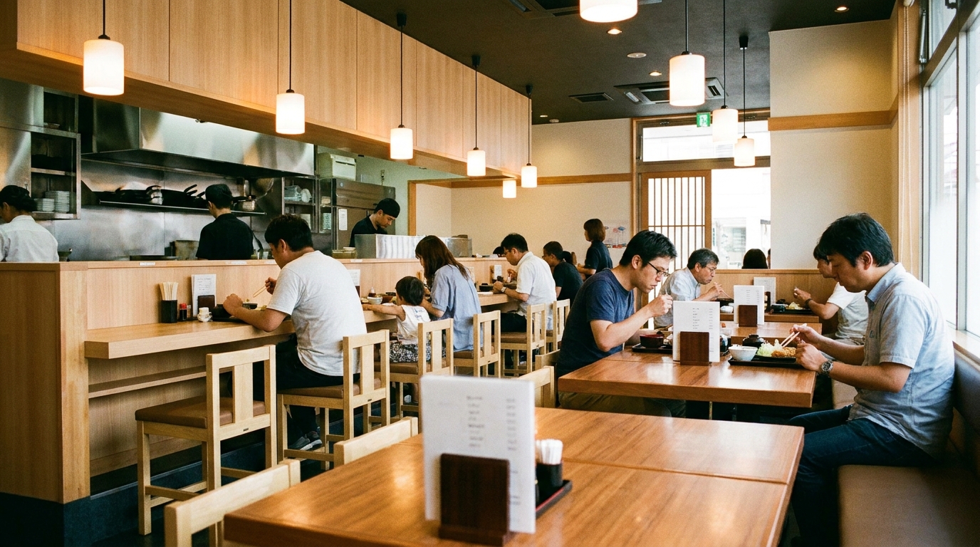 Modern tonkatsu chain restaurant interior with counter seating (illustrative image)