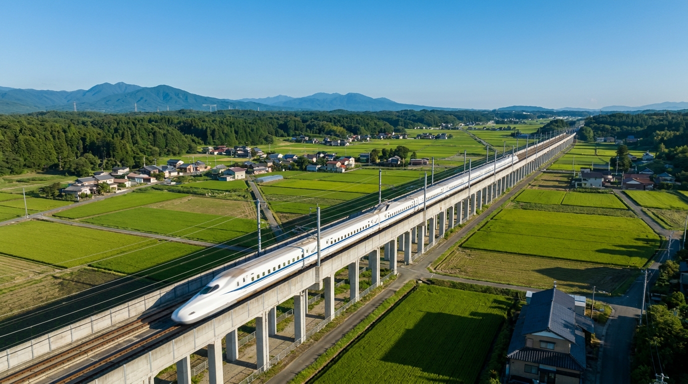 Aerial view of N700 shinkansen on elevated track through rural Japan
