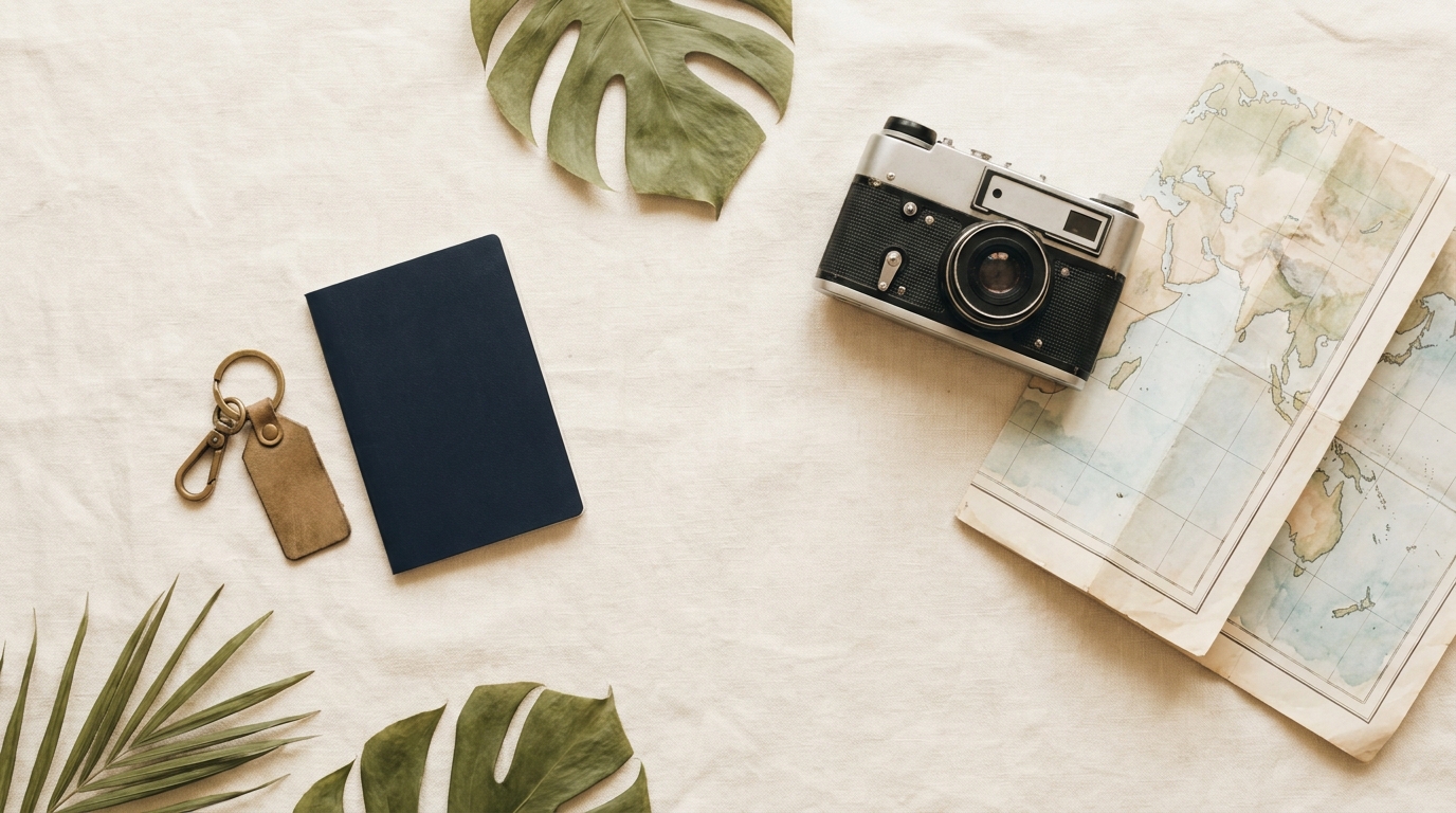 Travel flatlay with passport, vintage camera, keychain