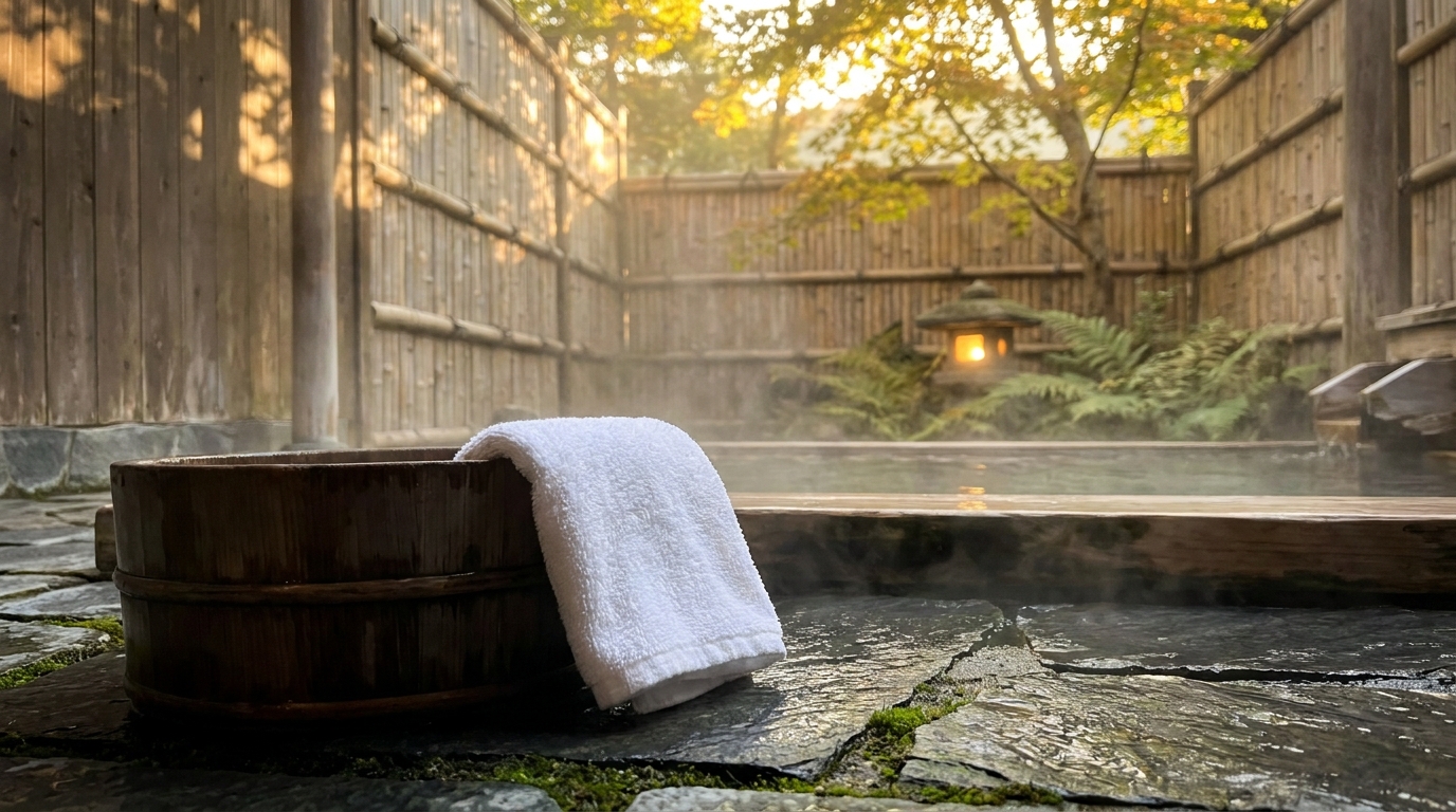 Hinoki bath bucket and white towel at a Japanese rotenburo open-air bath