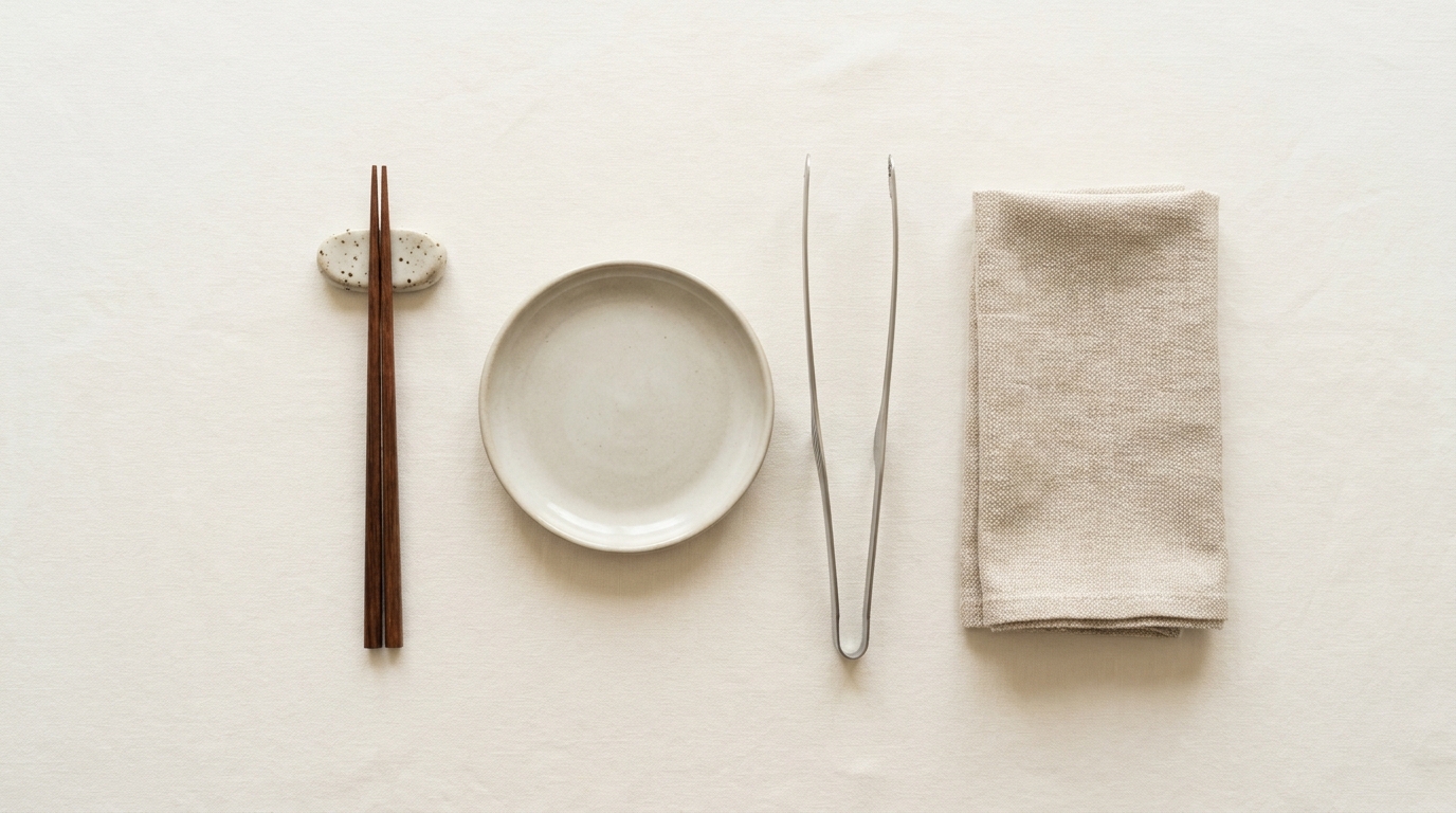 Flatlay of chopsticks, ceramic plate, tongs, and napkin for yakiniku
