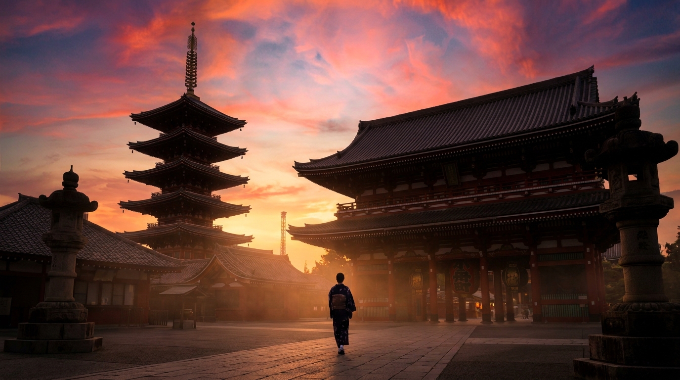 Sensoji Temple silhouette at sunset with a kimono-clad figure in the distance
