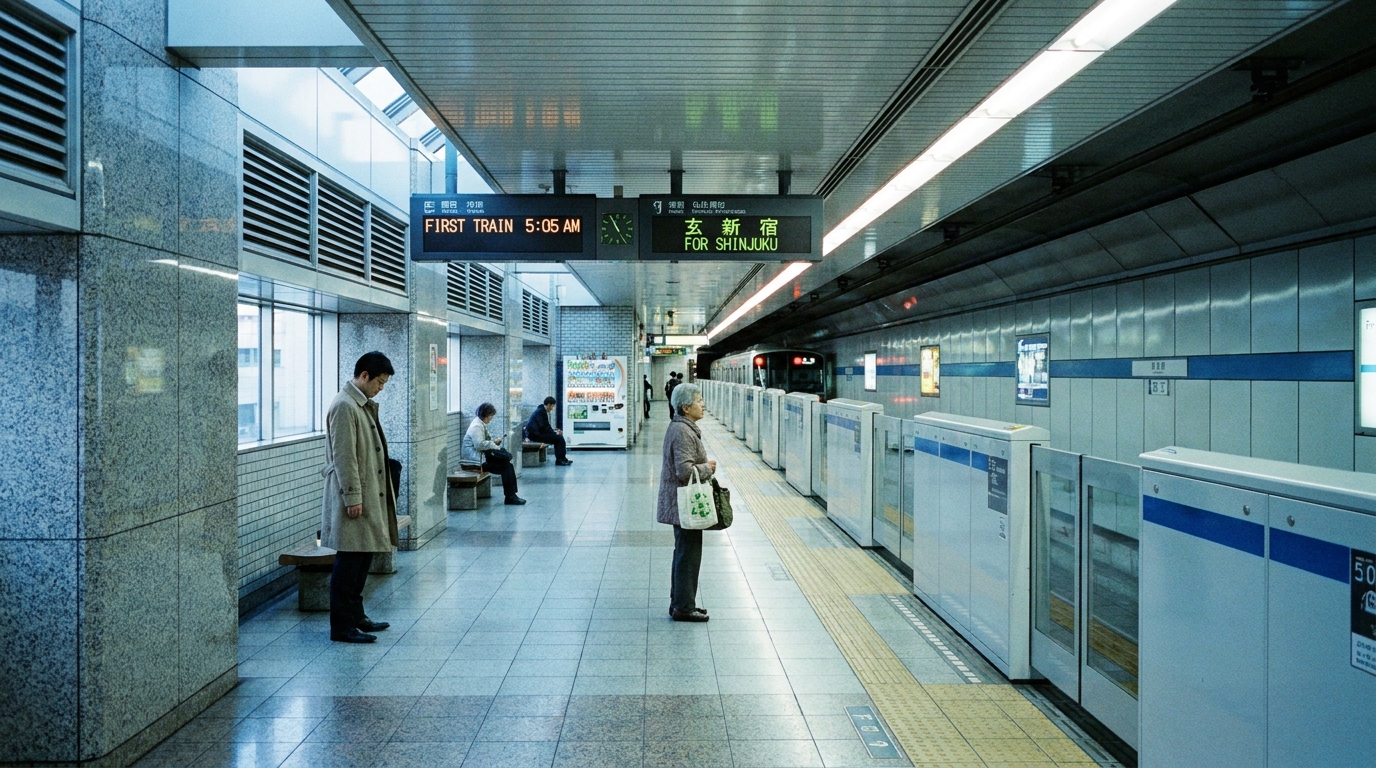 Tokyo subway platform at 5 AM first train
