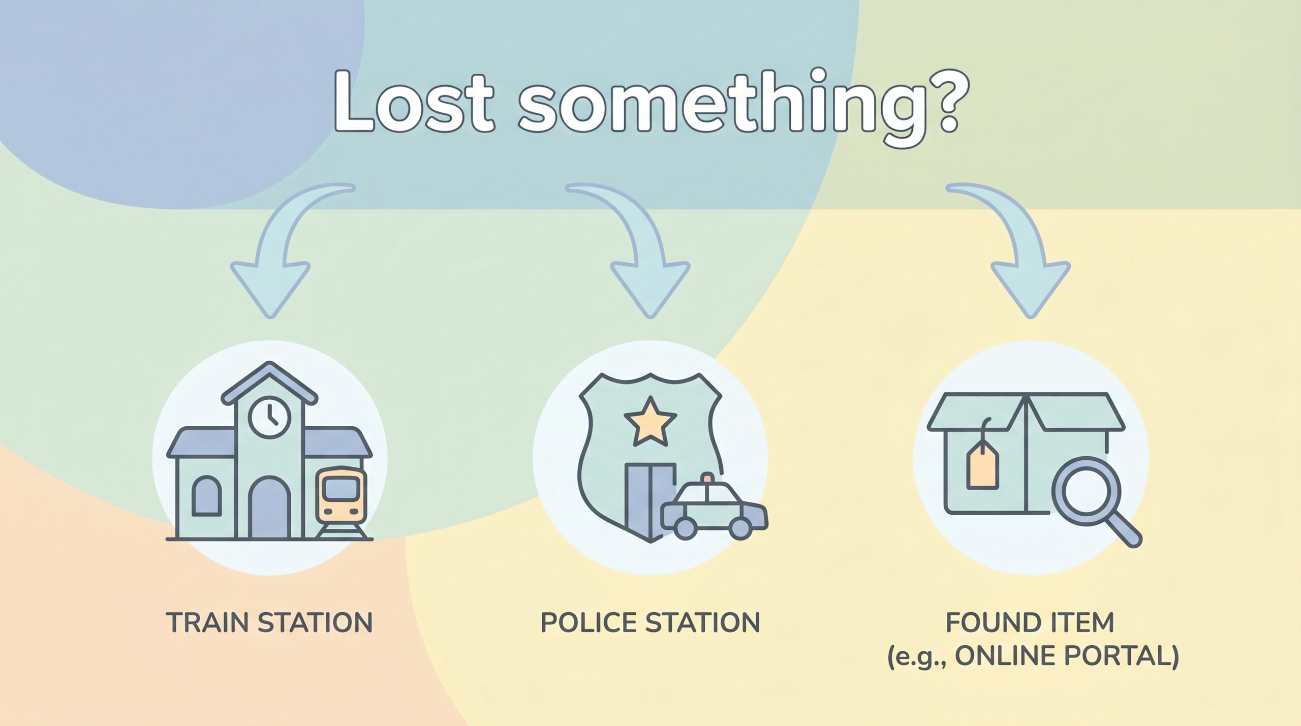 Lost Property infographic with train station, police station, and found item icons