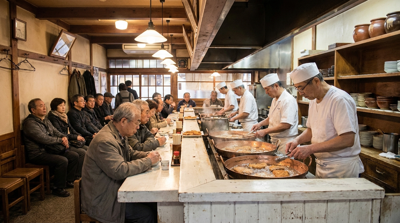 Old-school tonkatsu shop counter with cooks preparing cutlets (illustrative image)
