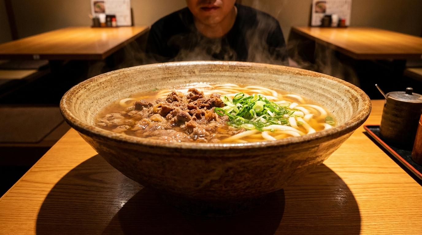 Tsurutontan-style oversized udon bowl with sliced beef topping (illustrative image)