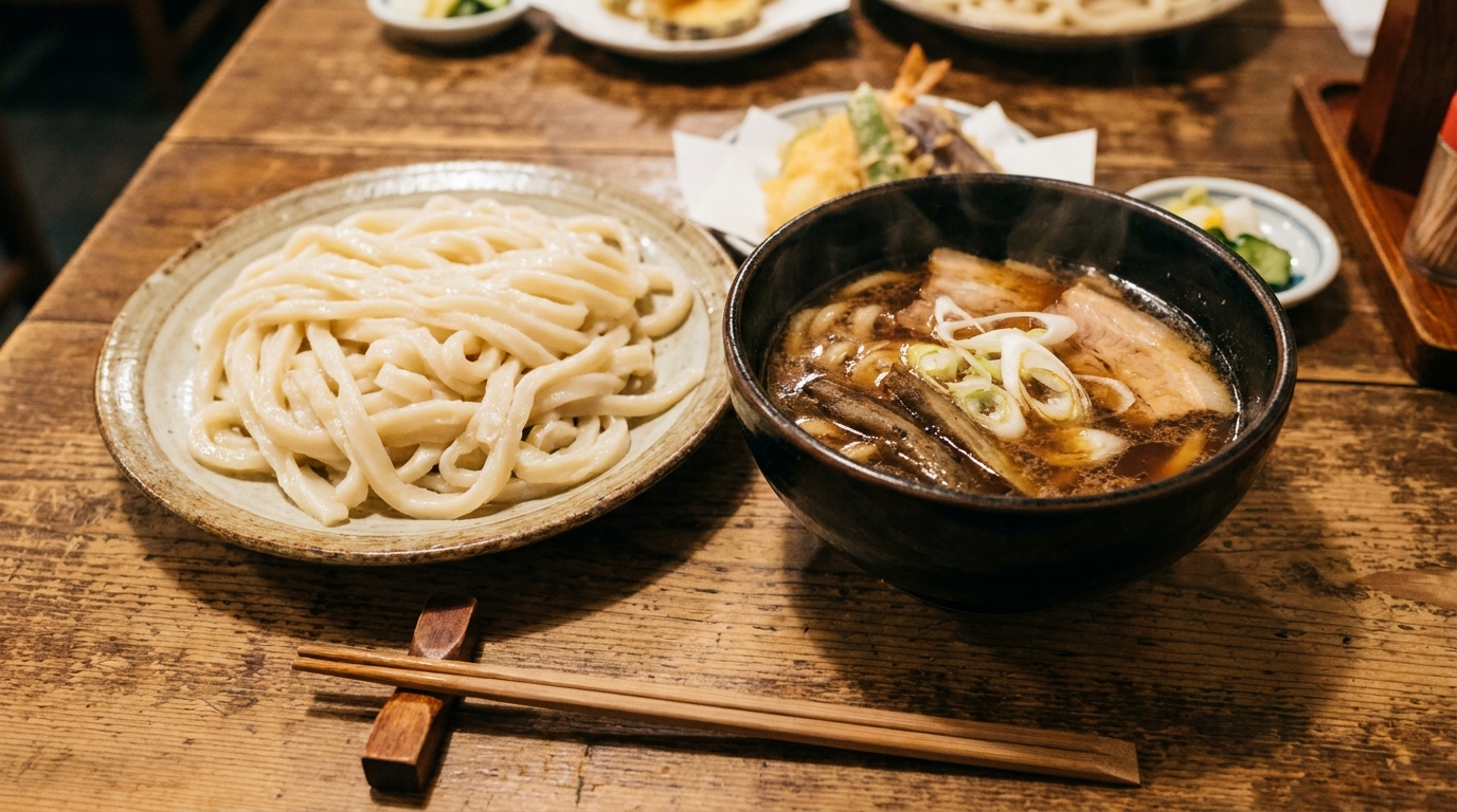 Musashino-style udon: extra thick noodles served cold with hot pork-soy dipping broth (illustrative image)