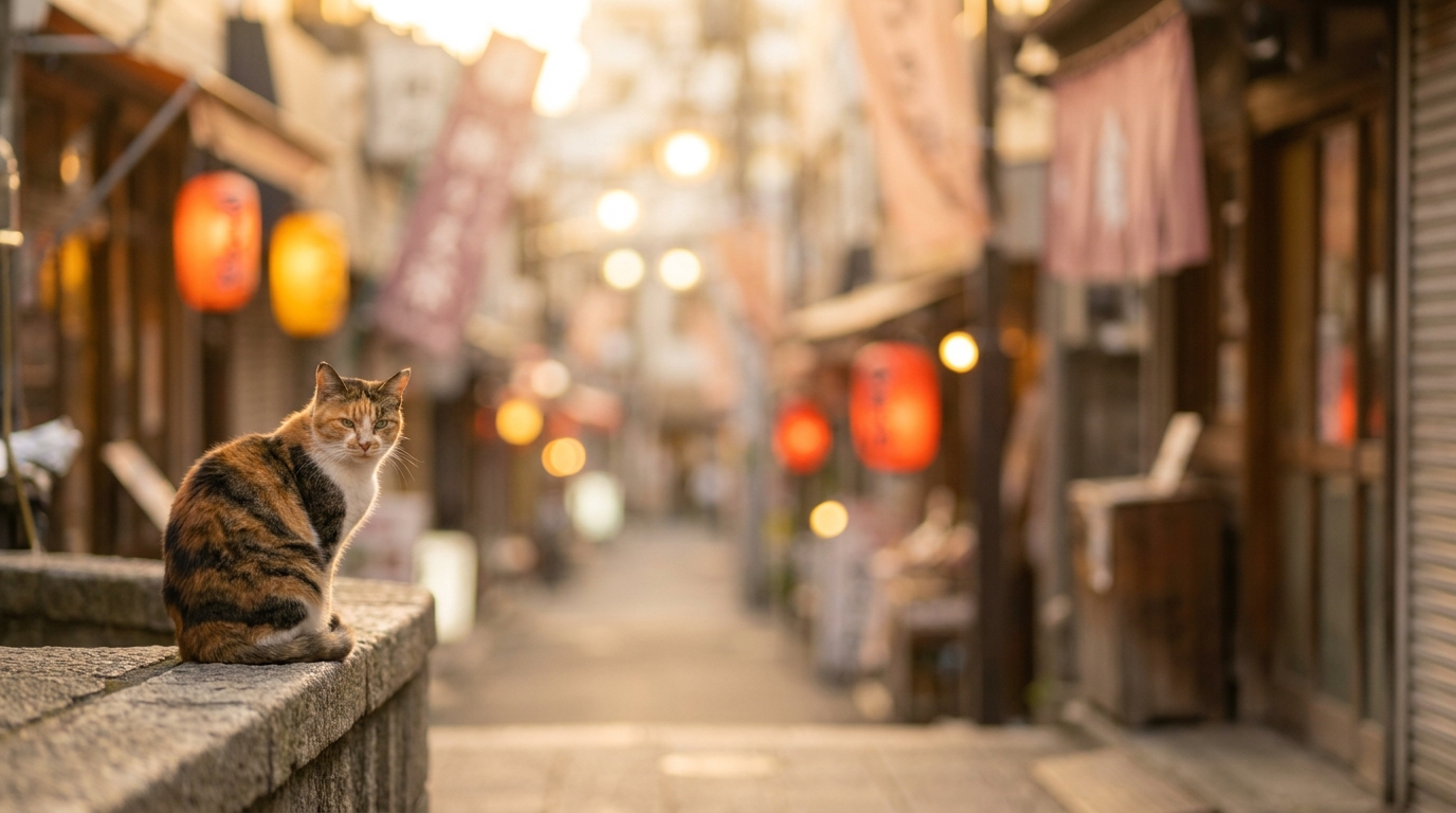 Yanaka Ginza shopping street with cat