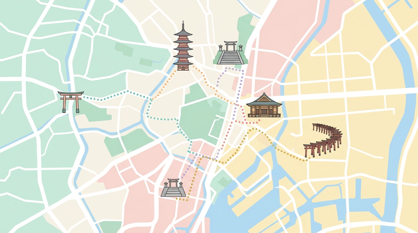 Tokyo 5 temple shrine walking routes map illustration