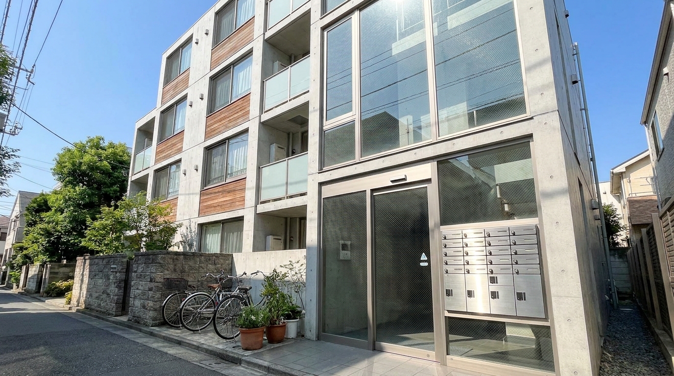 Tokyo Airbnb apartment exterior with minimalist signage, eyecatch