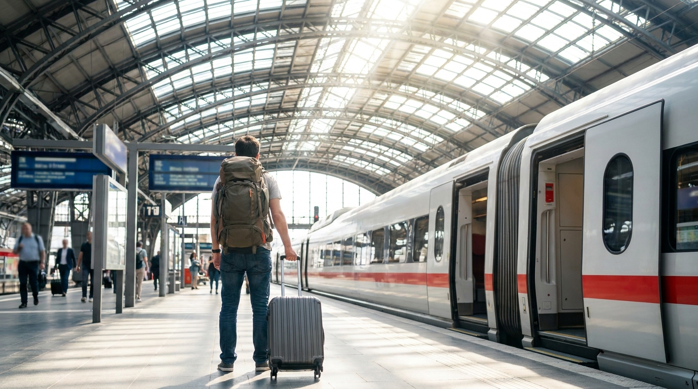 Airport platform with Skyliner train, signage in English
