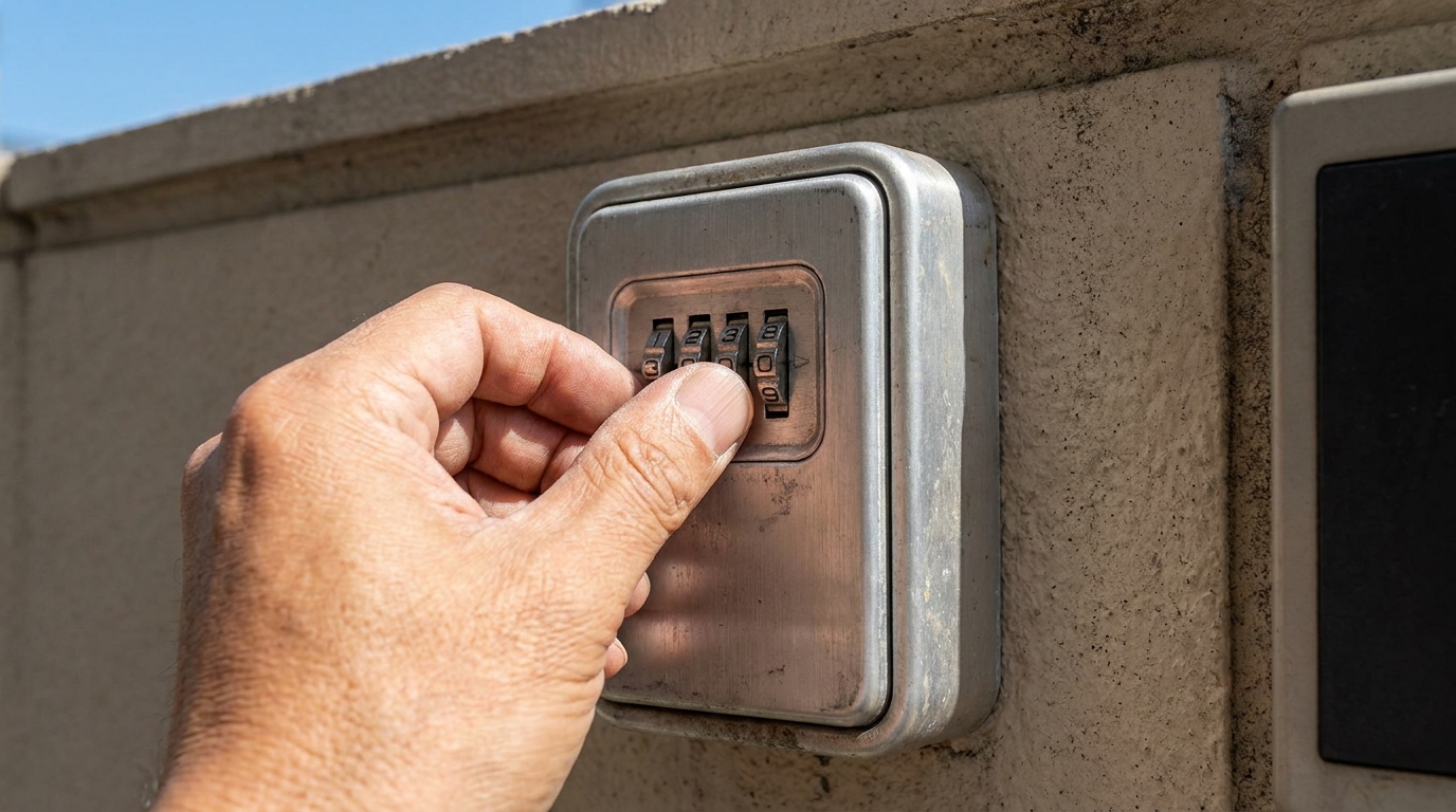 Hand approaching a 4-digit key box near an apartment door