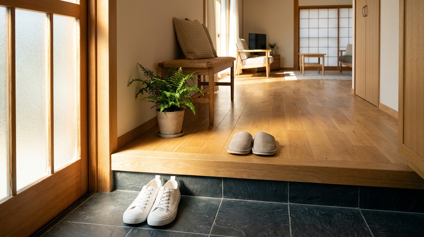 Genkan entrance with shoes neatly placed, slipper rack
