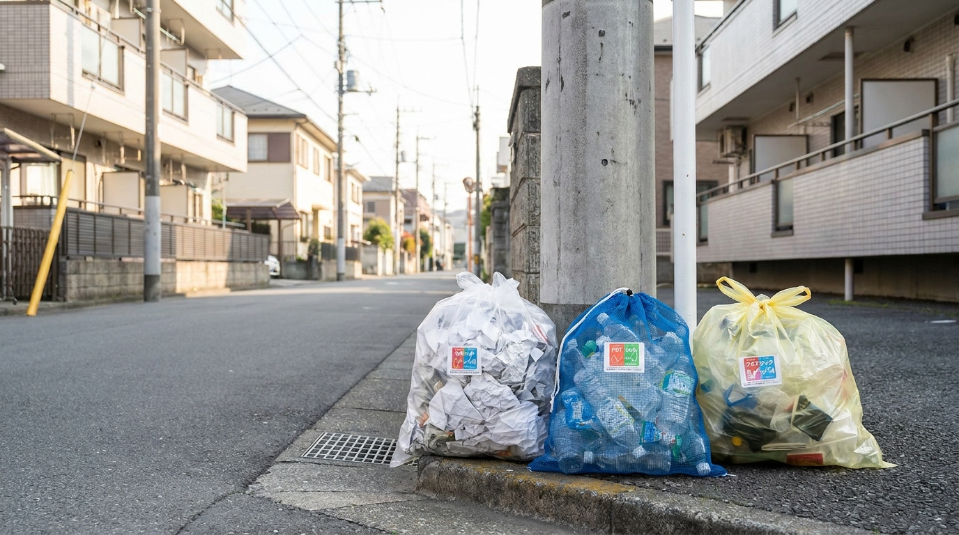Tokyo neighborhood trash sorting station with category signs