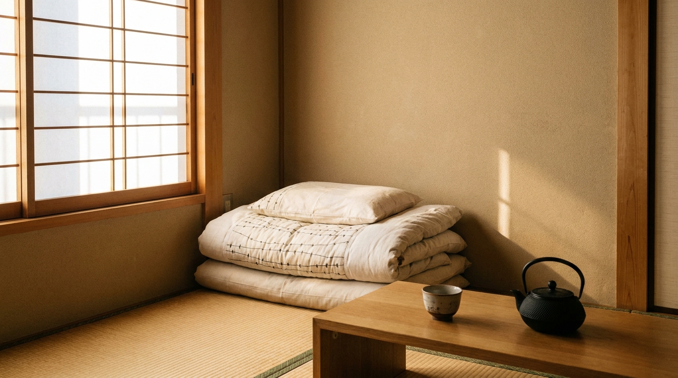 Tokyo apartment living area with futon and tatami