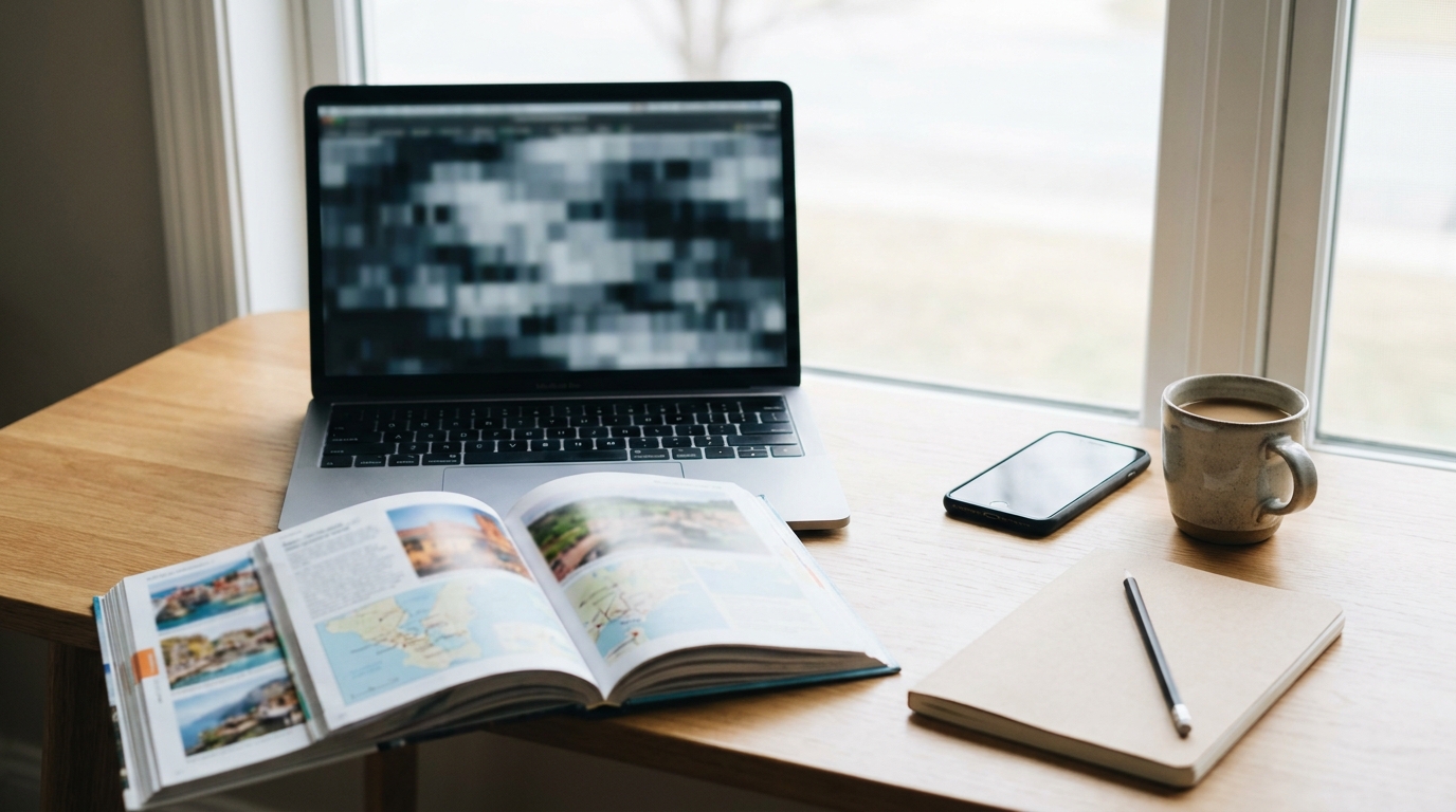 Desk with travel resources: phrasebook, map, notebook
