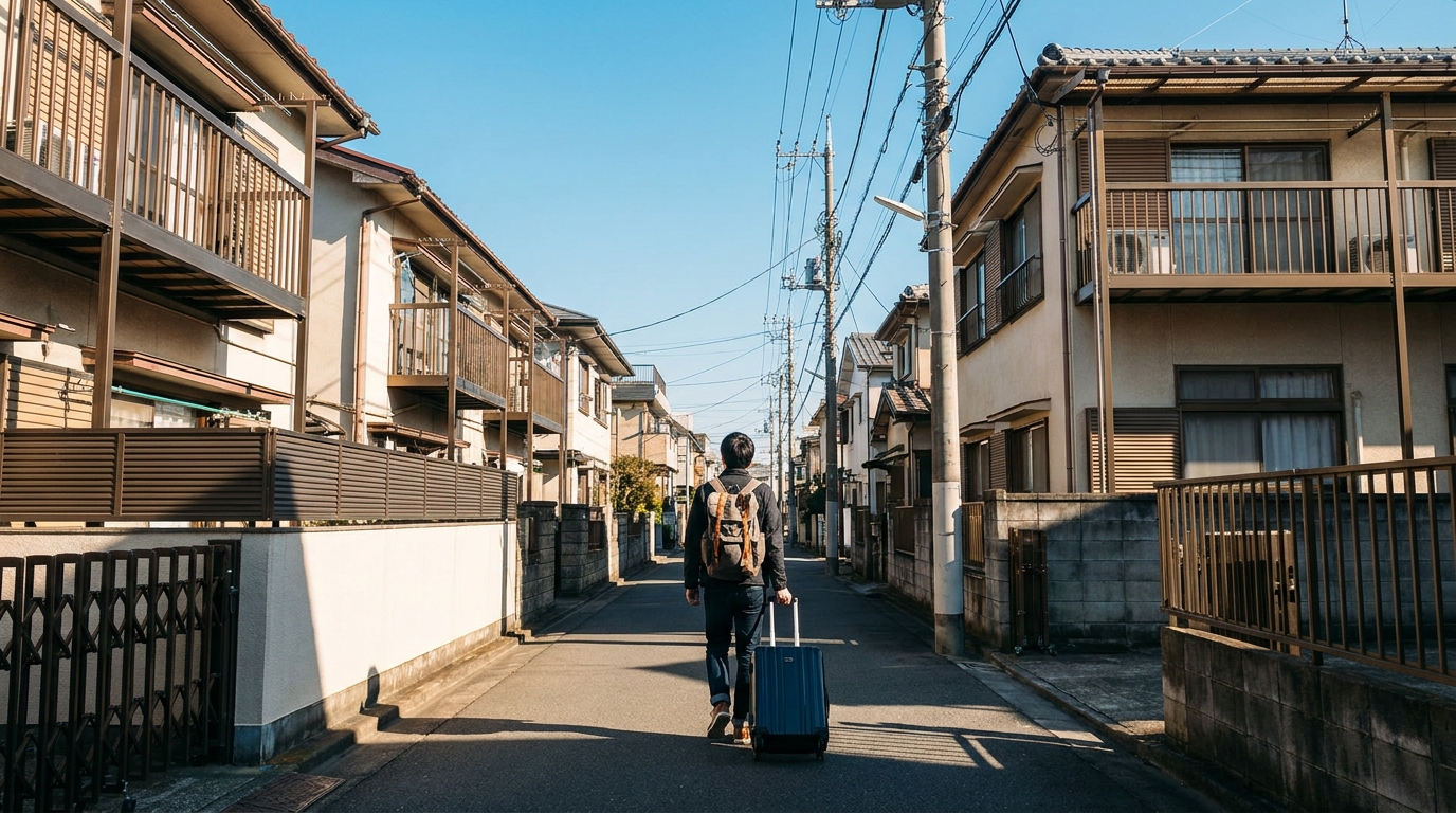 Quiet Tokyo residential street with small shrine and vending machine