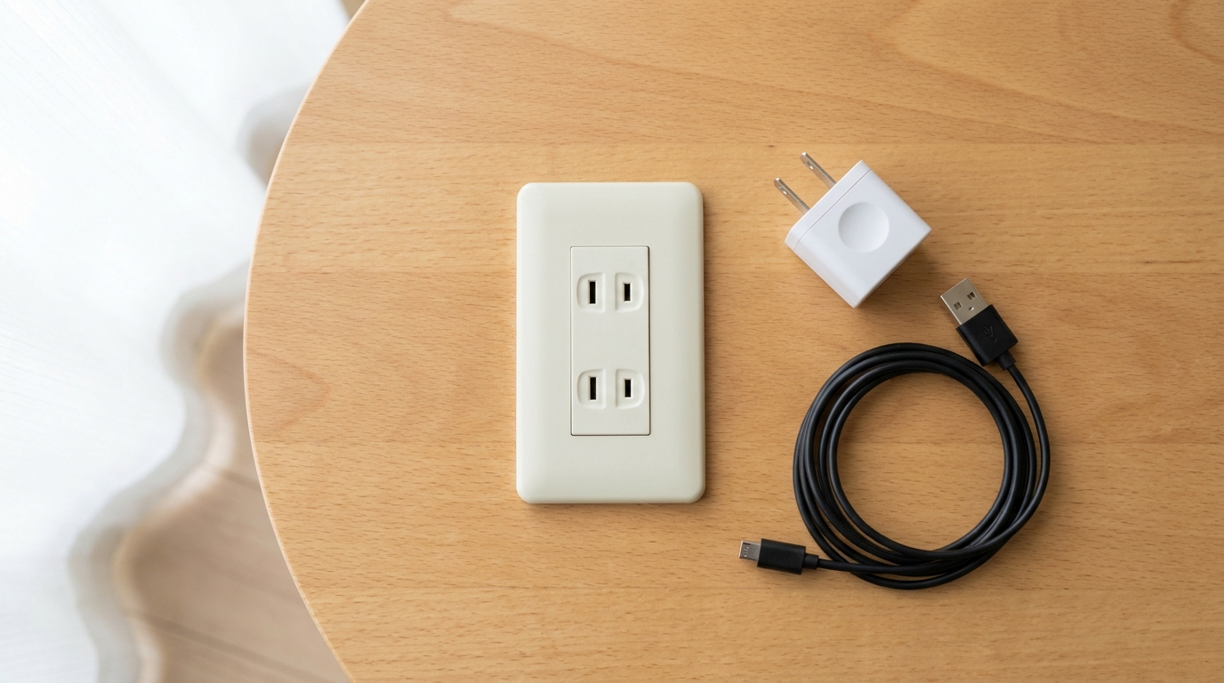 Type A plug travel adapter on a wooden table