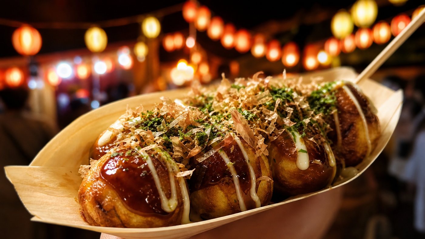 Tray of takoyaki at a Japanese summer festival
