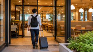 traveler entering a bright Japanese family restaurant with one carry-on suitcase