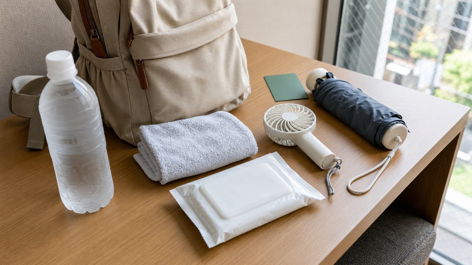 Summer cooling kit on a hotel desk in Japan