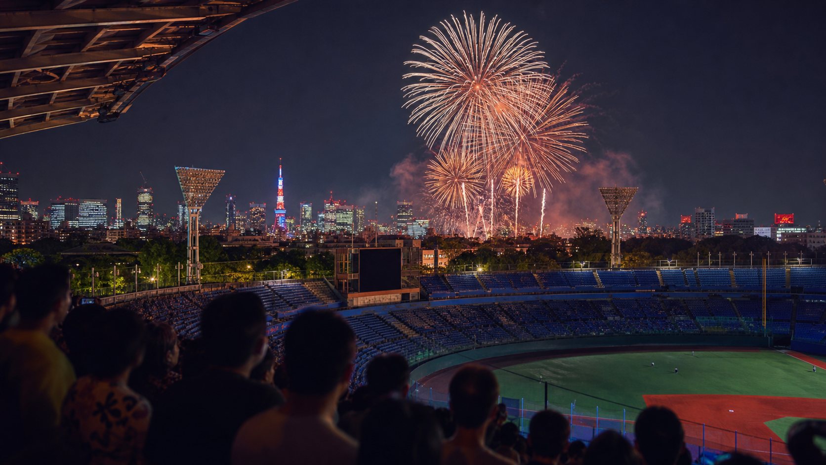 Jingu Gaien Fireworks 2026 - kembang api menerangi stadion malam hari di Tokyo