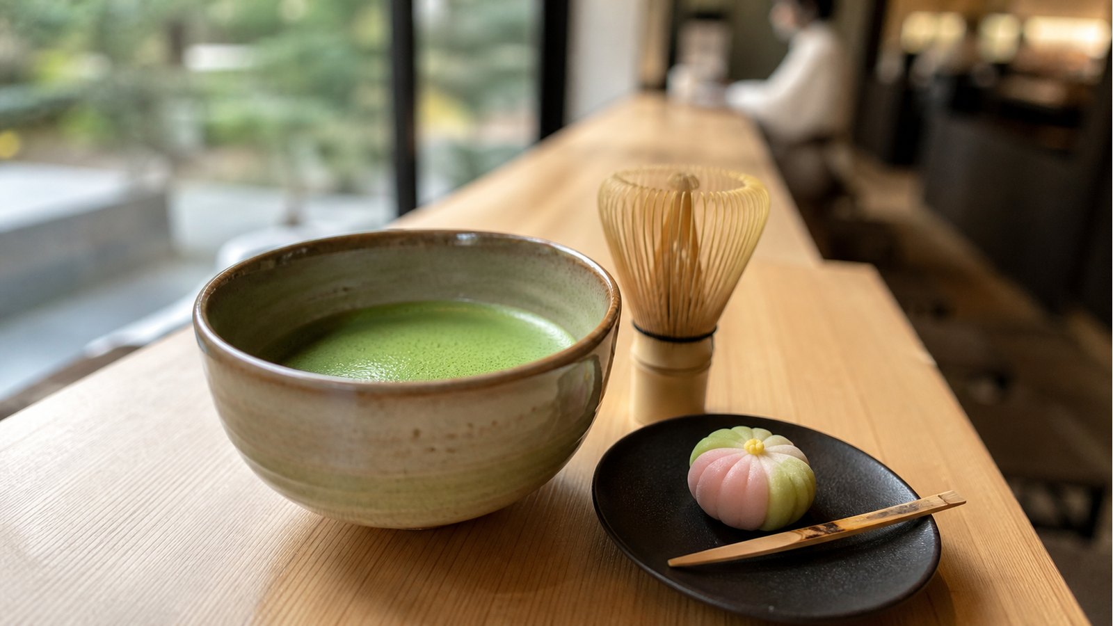 A bowl of matcha with bamboo whisk and wagashi on a Tokyo tea counter