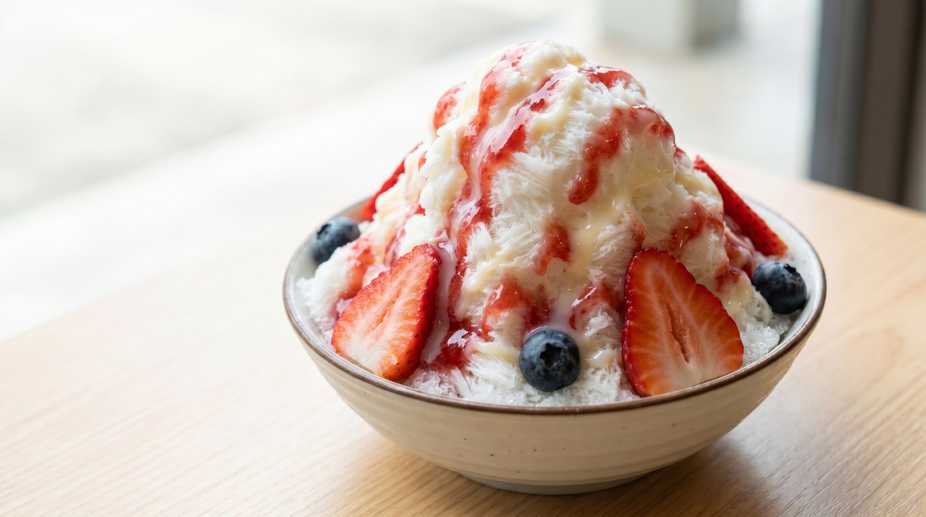 Close-up of soft Japanese shaved ice texture and toppings