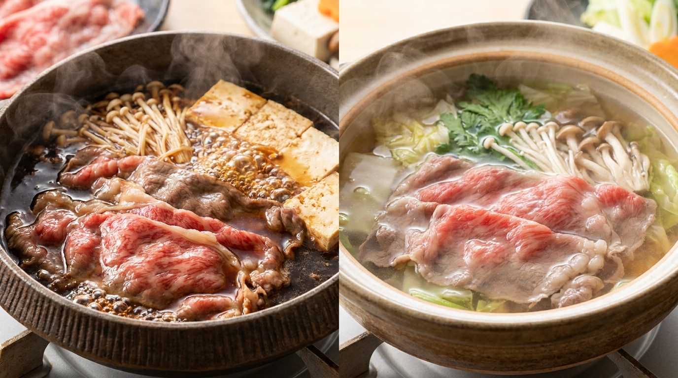 Sweet sukiyaki broth and clear shabu-shabu broth compared