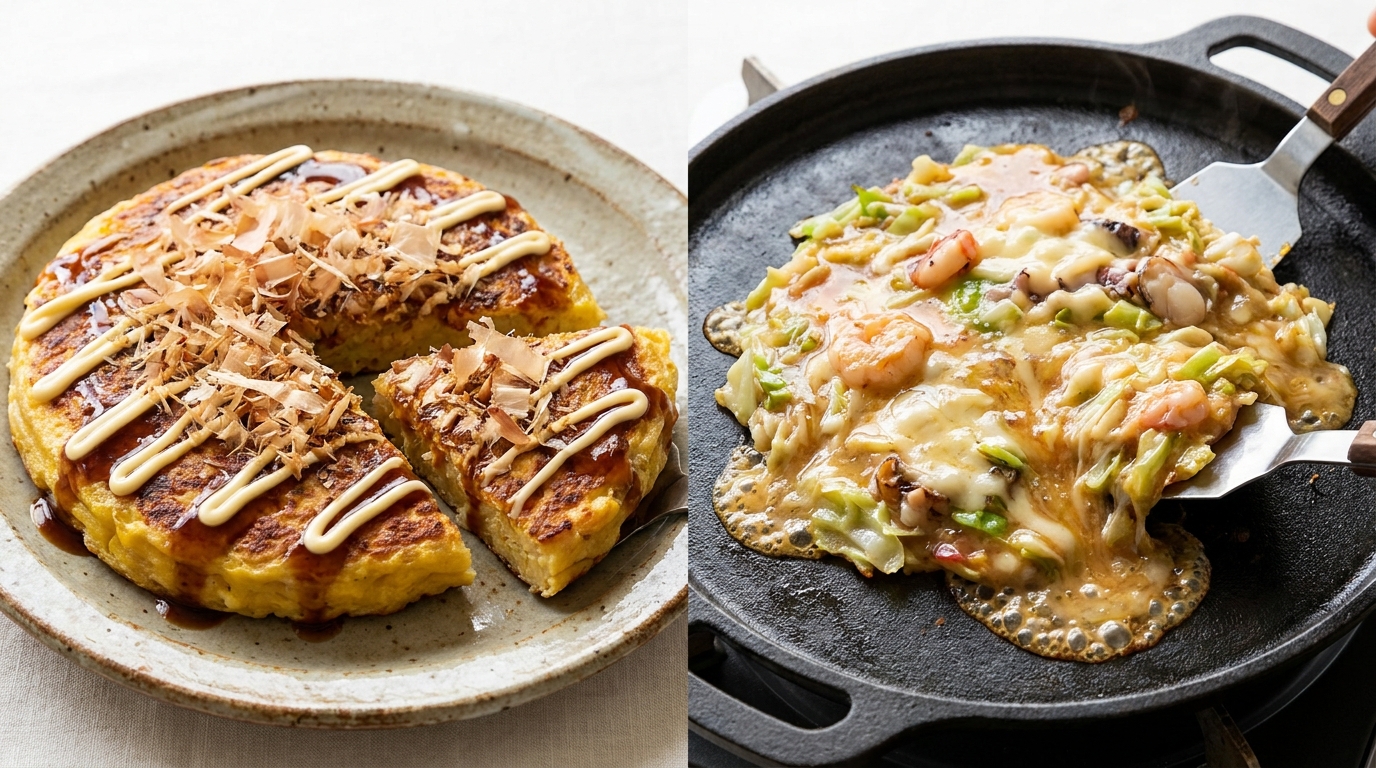 A firm okonomiyaki pancake next to a gooey monjayaki