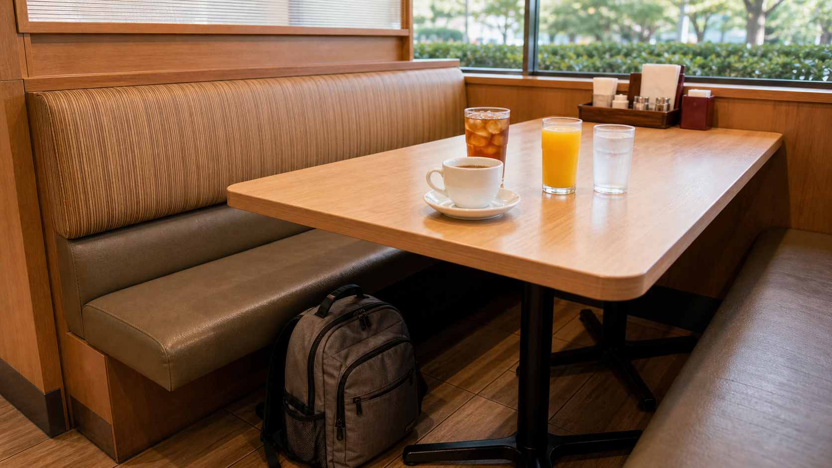 Family restaurant booth table with drink bar cups, small backpack under the seat