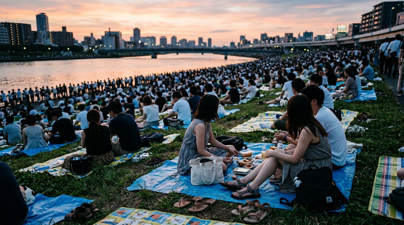 Travelers waiting by a Tokyo riverside before summer fireworks