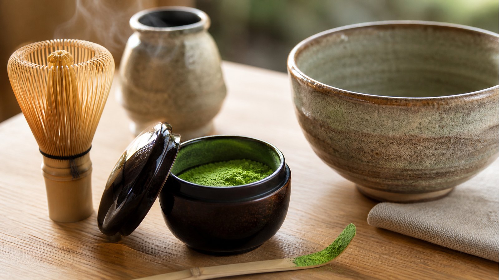 Matcha powder, bamboo whisk, scoop, and tea bowl on a wooden table