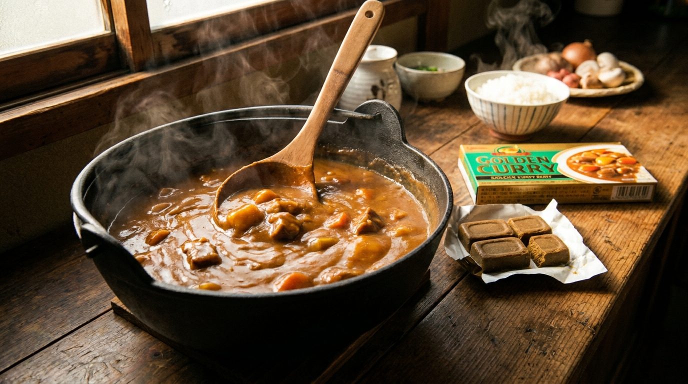 Thick Japanese curry roux being stirred in a pot