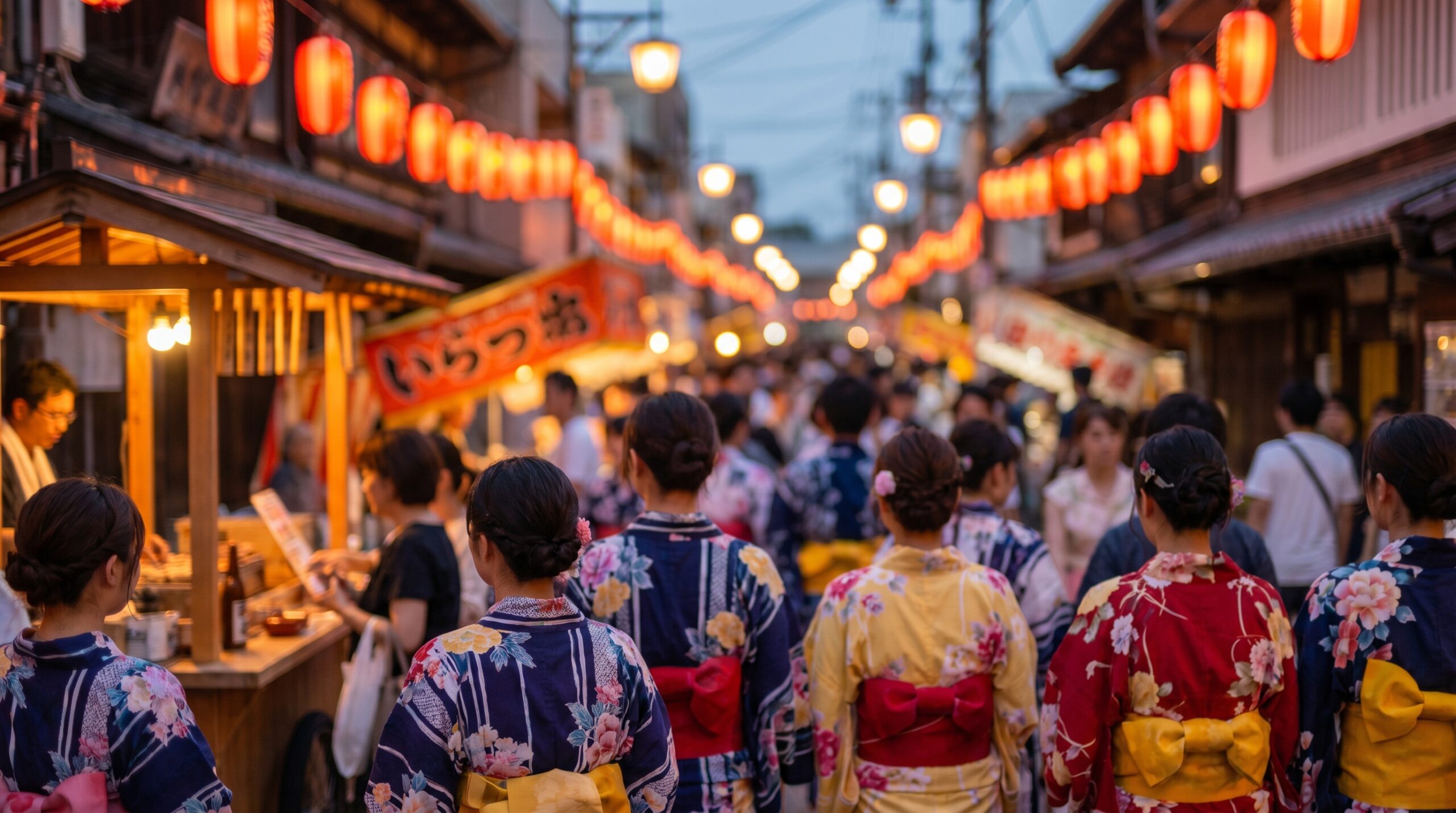 People in colorful yukata at a Japanese summer festival with red lanterns