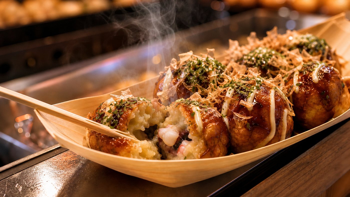 Split takoyaki ball showing hot soft interior