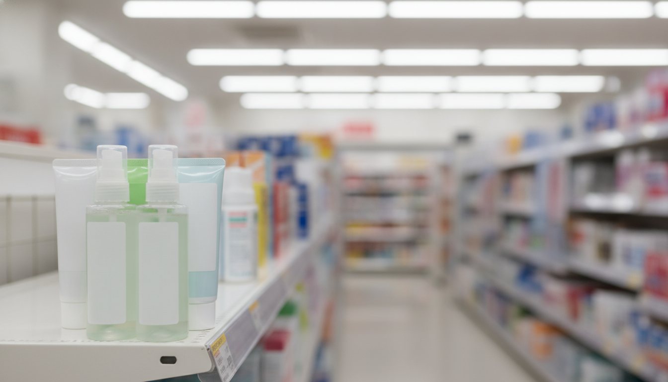 Unbranded mosquito repellent bottles in a Japanese drugstore summer goods section