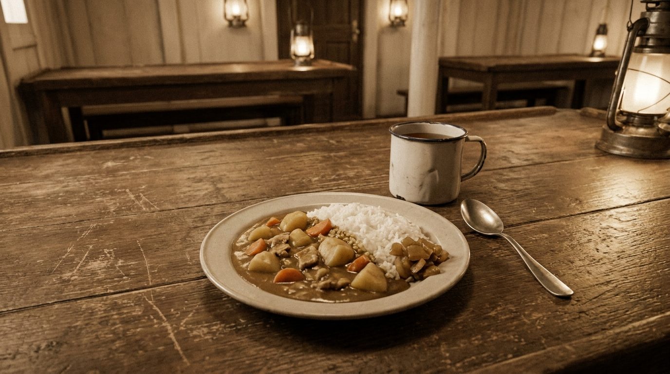 Retro Japanese naval-style curry rice on a wooden table
