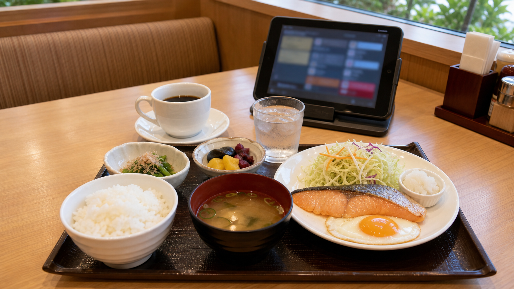 Affordable Japanese family restaurant breakfast set with coffee cup and menu tablet, no readable text