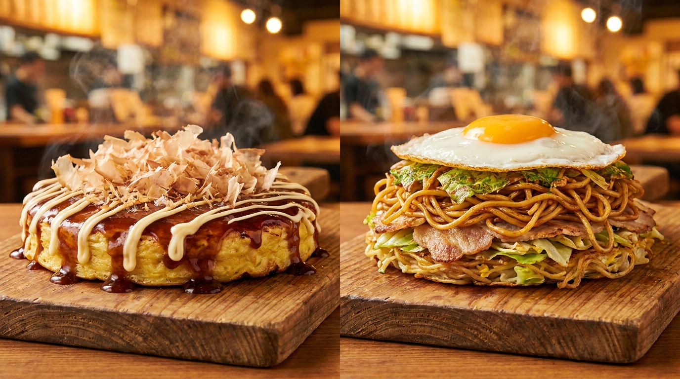Osaka-style and Hiroshima-style okonomiyaki compared side by side