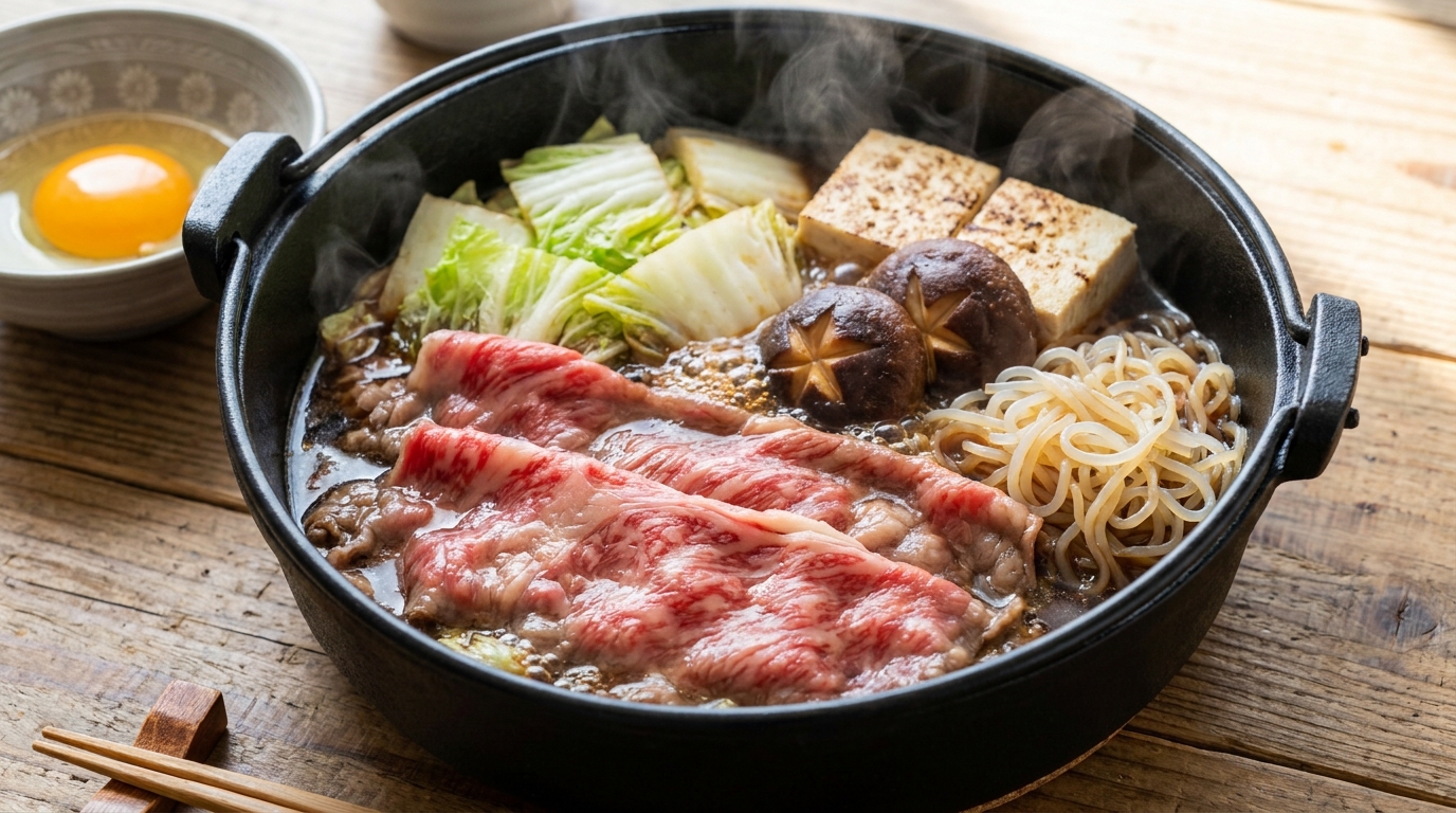 Beef and vegetables simmering in sukiyaki warishita sauce