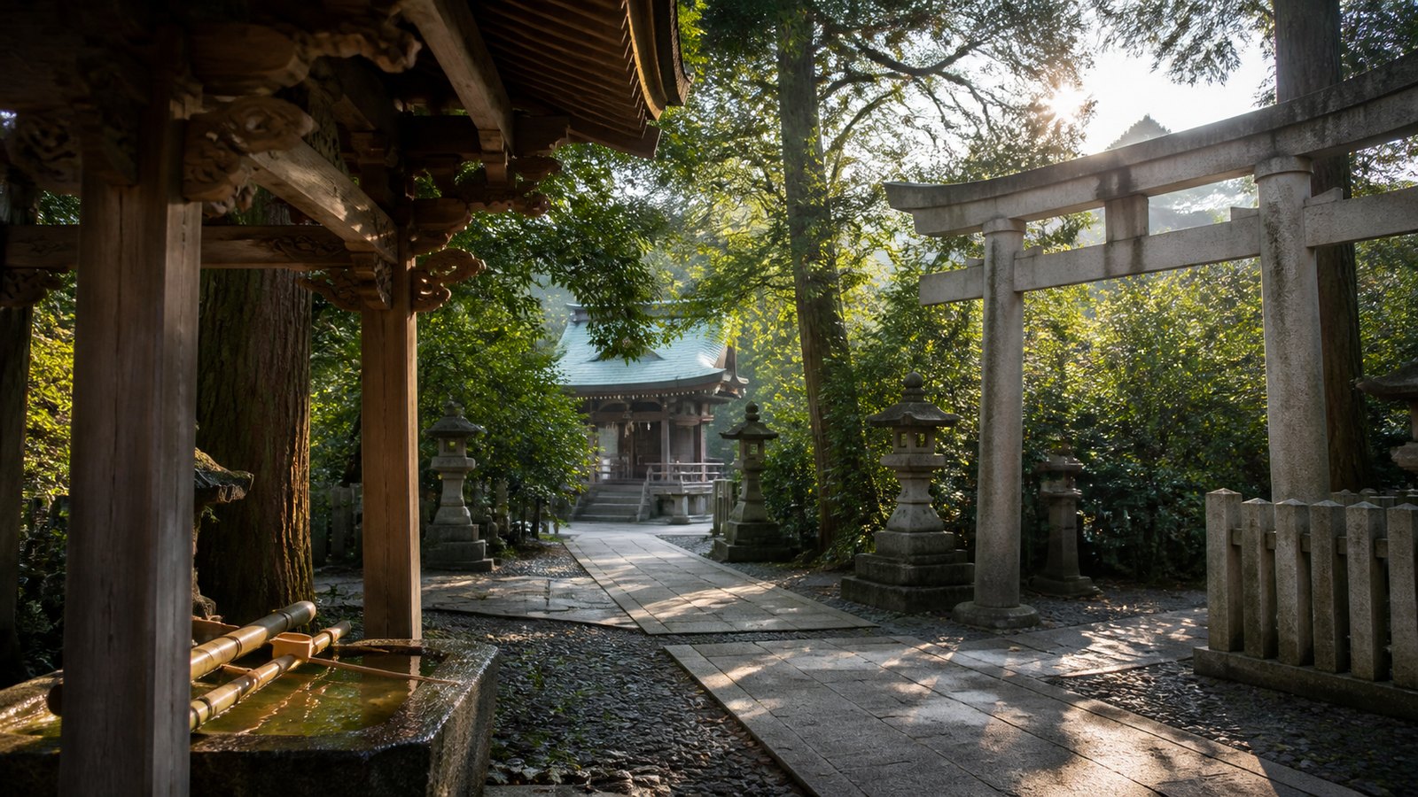 Quiet Tokyo shrine approach with torii, stone path, and morning greenery