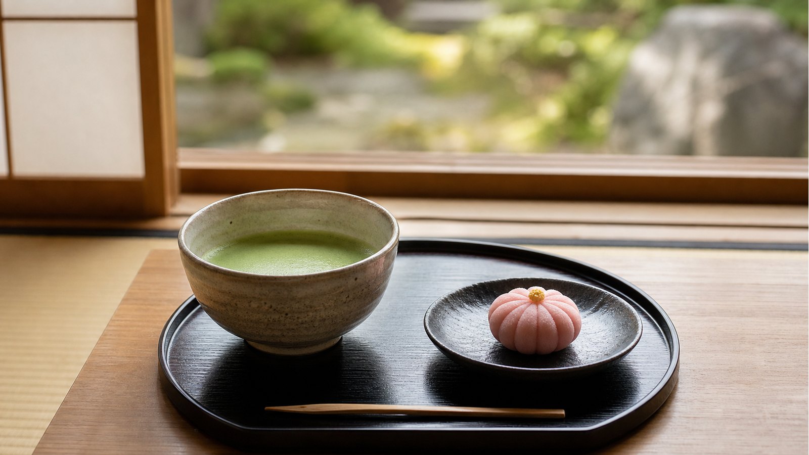 Thin matcha served with a seasonal wagashi sweet in a quiet tearoom
