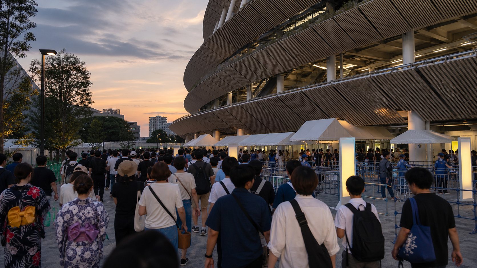 Orderly evening crowd entering a Tokyo sports venue.