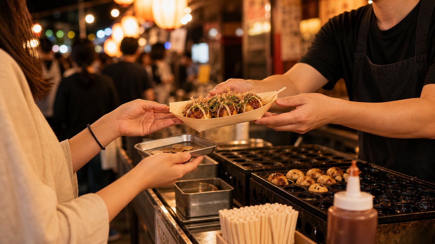 Hands paying for takoyaki at a festival stall