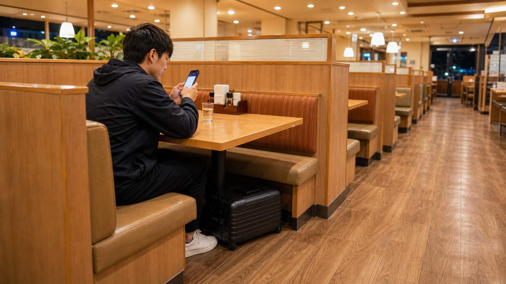 Late-night family restaurant table with one traveler checking phone and a small suitcase beside the booth, no sleeping
