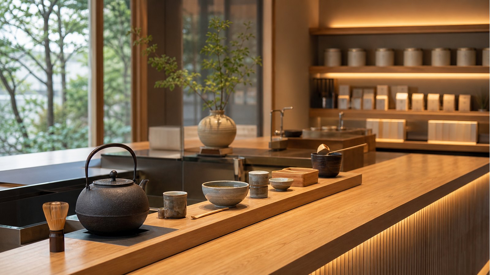 Modern Japanese tea counter with tea bowls, kettle, and canisters in Aoyama style