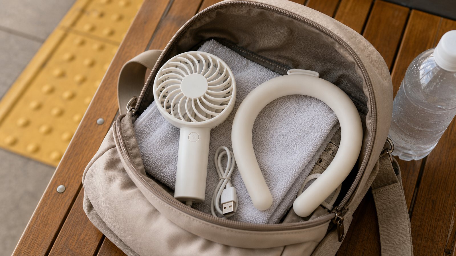 Portable fan and neck cooling ring packed in a day bag